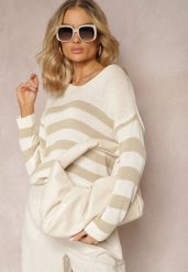Jasnobeżowy Sweter w Szerokie Paski z Dekoltem w Serek Liminela. Brązowe swetry damskie Renee, bez wzorów, z materiału, casualowe, bez kołnierzyka, bez ramiączek, długie, bez kaptura. Za 59.99 zł.