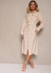 Beżowa Koszulowa Sukienka z Wiskozy z Paskiem z Klamrą i Kieszeniami Lisandrila. Brązowe sukienki damskie Renee, na co dzień, l, bez wzorów, z wiskozy, eleganckie, bez kołnierzyka, bez ramiączek, midi, koszulowe. Za 119.99 zł.