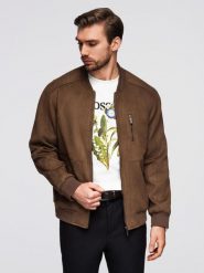 Kurtka bomberka męska z imitacji zamszu - brązowa V1 - Rozmiar: XL. Brązowe kurtki męskie Ombre Clothing, l, z aplikacjami, z materiału, wizytowe, bez kaptura. Za 399.99 zł.