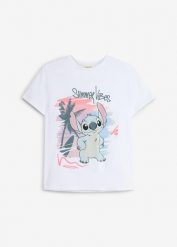 Koszulka Disney Stitch z czystej bawełny. Białe t-shirty i topy dla dziewczynek bonprix, bez wzorów, z bawełny, bez ramiączek. Za 64.99 zł.