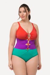 Damski Kostium kąpielowy szerokie kolorowe pasy miękkie miseczki wycięcia. Zielone kostiumy jednoczęściowe damskie Ulla Popken, plus size, bez wzorów, z elastanu, plus size, do pływania. Za 239.99 zł.
