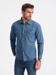 Koszula męska jeansowa na zatrzaski z kieszonkami - niebieska V2. Niebieskie koszule męskie Ombre Clothing, l, bez wzorów, z bawełny, bez kołnierzyka, bez ramiączek. W wyprzedaży za 127.49 zł.