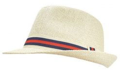 Letni Męski Kapelusz, Słomkowy Jasny, Trilby z Granatowym Paskiem. Żółte czapki i kapelusze męskie Pako Jeans, na lato, bez wzorów, z bawełny, klasyczne. Za 55.00 zł.