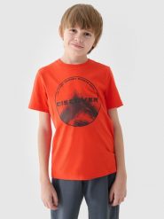 4F T-shirt z nadrukiem chłopięcy - pomarańczowy 140 (9-10 lat). Brązowe t-shirty dla chłopców 4f, bez wzorów, z bawełny, bez ramiączek. W wyprzedaży za 19.99 zł.