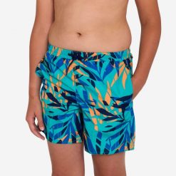 Spodenki surfingowe dla dzieci Olaian 100 Shadow Palm. Niebieskie kąpielówki dla chłopców OLAIAN, bez wzorów, z materiału, krótkie. Za 39.99 zł.