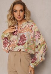 Beżowo-Zielona Koszula z Wiskozą Zapinana Guzikami w Modny Wzór z Ornamentami Mingula. Brązowe bluzki damskie Renee, l, bez wzorów, z wiskozy, klasyczne, bez kołnierzyka, bez ramiączek. Za 79.99 zł.