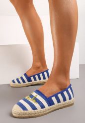 Niebieskie Espadryle przed Kostkę na Plecionej Podeszwie w Paski i z Napisem Hearta. Niebieskie espadryle damskie Renee, na lato, bez wzorów, z jeansu, bez obcasa, bez zapięcia. Za 19.99 zł.