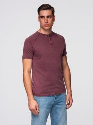 T-shirt męski z efektem sprania i guzikami przy dekolcie – burgundowy V3 - Rozmiar: S. Czerwone t-shirty męskie Ombre Clothing, na lato, m, bez wzorów, z bawełny, eleganckie, bez kołnierzyka. Za 149.99 zł.