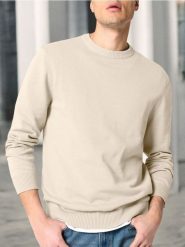 Sweter z okrągłym dekoltem - beżowy. Brązowe swetry przez głowę męskie Sinsay, l, bez wzorów, bez kołnierzyka. Za 19.99 zł.