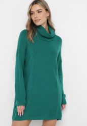 Ciemnozielony Golf Oversize o Wydłużonym Fasonie z Ozdobnym Wzorem Melisanda. Zielone swetry damskie Born2be, bez wzorów, bez kołnierzyka, bez ramiączek, długie, bez kaptura. Za 109.99 zł.
