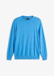 Cienki sweter z miękkiej mieszanki bawełny. Niebieskie swetry przez głowę męskie bonprix, m, bez wzorów, z bawełny, bez kołnierzyka. Za 79.99 zł.