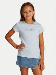 Calvin Klein Jeans T-Shirt Script Logo IG0IG02857 Błękitny Slim Fit. Niebieskie t-shirty i topy dla dziewczynek Calvin Klein Jeans, bez wzorów, z bawełny, bez ramiączek. Za 69.99 zł.