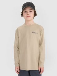 4F Longsleeve oversize z nadrukiem chłopięcy - beżowy 140 (9-10 lat). Brązowe t-shirty dla chłopców 4f, bez wzorów, z bawełny, bez ramiączek. W wyprzedaży za 19.99 zł.