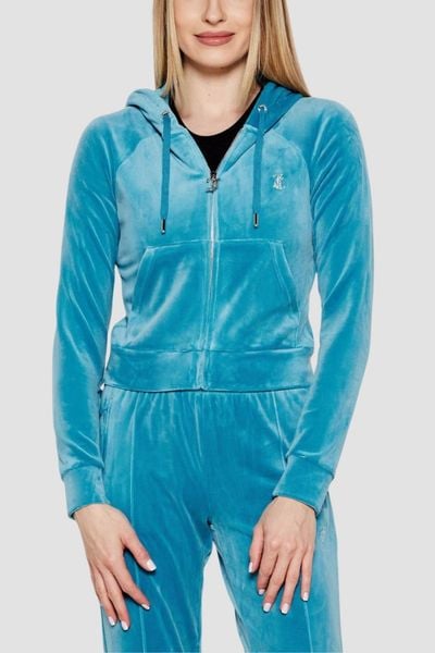 JUICY COUTURE Niebieska damska bluza Madison, Rozmiar S. Niebieskie bluzy damskie Juicy Couture, l, bez wzorów, z materiału, z kapturem. W wyprzedaży za 277.99 zł.