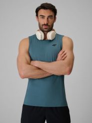 4F Koszulka treningowa regular szybkoschnąca męska - turkusowa XXL. Niebieskie koszulki sportowe męskie 4f, m, bez wzorów, z materiału, bez kołnierzyka. Za 69.99 zł.