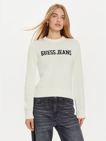 Guess Jeans Sweter W4BR10 Z3HM1 Biały Regular Fit. Białe swetry damskie Guess Jeans, xl, z aplikacjami, z bawełny, bez kołnierzyka, bez ramiączek, bez kaptura. Za 249.99 zł.