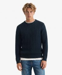 Superdry Męski sweter typu crew z warkoczowym splotem – Bawełna 100%. Niebieskie swetry przez głowę męskie Superdry., m, z aplikacjami, z bawełny, bez kołnierzyka. Za 345.10 zł.