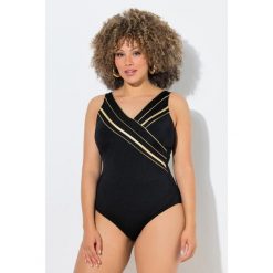 Damskie Strój kąpielowy złota lamówka w kopertowym stylu miękkie miseczki. Czarne kostiumy jednoczęściowe damskie Ulla Popken, plus size, bez wzorów, z elastanu, sportowe, plus size, do pływania. Za 239.99 zł.