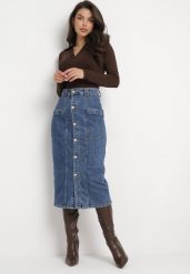 Niebieska Ołówkowa Spódnica Jeansowa Midi z Guzikami Kandela. Niebieskie spódnice damskie Born2be, xs, bez wzorów, z jeansu, midi, ołówkowe. Za 59.99 zł.