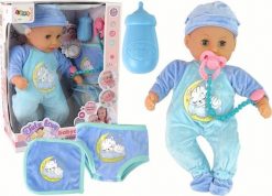 LeanToys Lalka Bobas Dźwięk Smoczek Śliniaczek Niebieska Piżama Kotek. Niebieskie śliniaki dla dzieci LEANToys, bez wzorów. Za 76.31 zł.