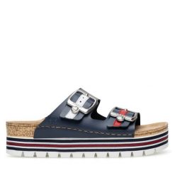 Klapki Rieker. Niebieskie klapki damskie Rieker, bez wzorów, bez obcasa. Za 249.99 zł.