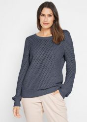Sweter w strukturalny wzór z mieszanki bawełny. Niebieskie swetry damskie bonprix, bez wzorów, z bawełny, bez kołnierzyka, bez ramiączek, bez kaptura. Za 97.99 zł.