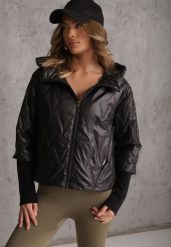 Czarna Pikowana Kurtka z Kapturem z Materiałem na Rękawach Grigoria. Czarne kurtki i płaszcze dla dziewczynek Renee, bez wzorów, z jeansu, z kapturem. Za 139.99 zł.