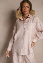 Jasnoróżowa Koszula Oversize w Klasycznym Stylu z Kieszonką Liozira. Czerwone bluzki damskie Renee, l, bez wzorów, biznesowe, bez kołnierzyka, bez ramiączek. Za 84.99 zł.