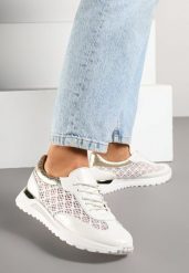Białe Ażurowe Sneakersy Ozdobione Metalicznymi Wstawkami Sdivane. Białe obuwie sportowe damskie Born2be, w ażurowe wzory, z jeansu. Za 109.99 zł.