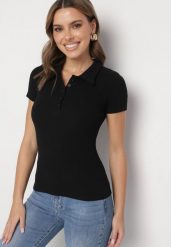 Czarny Bawełniany T-shirt Prążkowany Typu Polo z Guzikami Avelavia. Czarne bluzki damskie Born2be, m, bez wzorów, z bawełny, klasyczne, bez kołnierzyka, bez ramiączek. Za 59.99 zł.