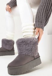 Szare Śniegowce z Futerkiem na Platformie Ilama. Szare śniegowce i trapery damskie Born2be. Za 149.99 zł.