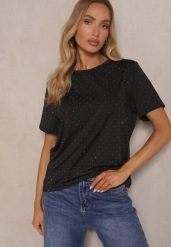 Czarny T-shirt z Wiskozą Ozdobiony Cyrkoniami Sanelisea. Czarne bluzki damskie Renee, na lato, l, bez wzorów, z jeansu, bez kołnierzyka, bez ramiączek. Za 69.99 zł.