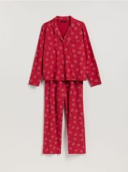 Dwuczęściowa piżama ze świątecznym nadrukiem - czerwony. Czerwone piżamy damskie Reserved, l, bez wzorów, z bawełny, bez ramiączek. Za 129.99 zł.