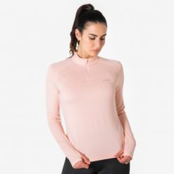 Koszulka do biegania z długim rękawem damska Kiprun Run Core 1/2 zip. Czerwone koszulki sportowe damskie KIPRUN, l, bez wzorów, z materiału, bez kołnierzyka, bez ramiączek, do biegania. Za 69.99 zł.