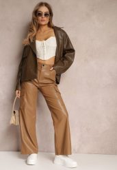 Brązowe Szerokie Spodnie z Wysokim Stanem z Imitacji Skóry Alymia. Brązowe spodnie materiałowe damskie Renee, l, bez wzorów, z jeansu. Za 159.99 zł.
