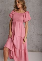 Różowa Sukienka z Wiskozy o Rozkloszowanym Kroju z Bufiastymi Rękawkami Rosena. Czerwone sukienki dla dziewczynek Renee, bez wzorów, z tkaniny, bez ramiączek. Za 89.99 zł.