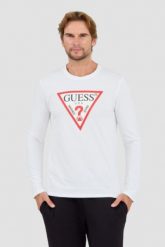 GUESS Biały longslevee Original Logo Tee. Białe bluzki z długim rękawem męskie Guess, l, z aplikacjami, bez kołnierzyka. W wyprzedaży za 101.99 zł.