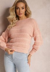 Różowy Sweter o Krótszym Luźnym Fasonie Olimppia. Czerwone swetry damskie Renee, na zimę, bez wzorów, casualowe, bez kołnierzyka, bez ramiączek, krótkie, bez kaptura. Za 79.99 zł.