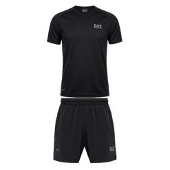 Zestaw koszulka + spodenki EA7 Emporio Armani Ventus7 Travel. Zielone koszulki sportowe męskie EA7, l, bez wzorów, z elastanu, bez kołnierzyka, bez ramiączek, na fitness i siłownię. Za 379.99 zł.