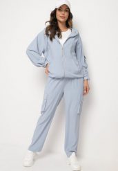 Jasnoniebieski Komplet Dresowy w Stylu Cargo z Bluzą z Kapturem i Spodniami z Kieszeniami Kaivira. Niebieskie bluzy damskie Born2be, m, bez wzorów, z dresówki, z kapturem. Za 149.99 zł.