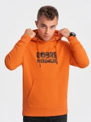 Męska bluza kangurka z kapturem i nadrukiem - pomarańczowa V1 OM-SSPS-0155 - XXL. Brązowe bluzy męskie Ombre Clothing, l, bez wzorów, z bawełny, z kapturem. W wyprzedaży za 59.99 zł.