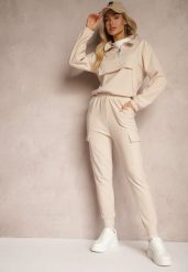 Beżowy Komplet Dresowy Bluza z Suwakiem i Kołnierzem i Spodnie z Kieszeniami Cargo Taigena. Brązowe bluzy damskie Renee, m, bez wzorów, z dresówki, bez kaptura. Za 74.99 zł.
