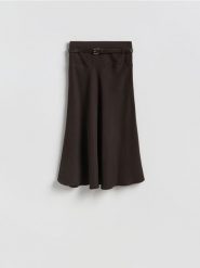 Spódnica midi z paskiem - ciemnobrązowy. Brązowe spódnice damskie Reserved, l, bez wzorów, z tkaniny, midi, proste. Za 149.99 zł.