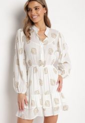 Biała Rozkloszowana Sukienka Mini z Falbanką w Liście Rianle. Białe sukienki damskie Born2be, l, bez wzorów, bez kołnierzyka, bez ramiączek, mini, rozkloszowane. Za 159.99 zł.