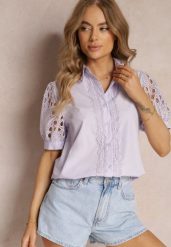 Fioletowa Koszula z Ozdobnym Kołnierzem i Rękawami z Koronkowymi Wstawkami Brixta. Fioletowe bluzki damskie Renee, m, bez wzorów, z jeansu, eleganckie, bez kołnierzyka, bez ramiączek. Za 99.99 zł.