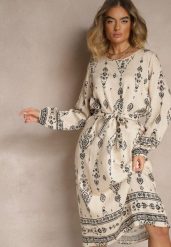Jasnobeżowa Pudełkowa Sukienka Boho w Etniczne Wzory z Paskiem Lisalenea. Brązowe sukienki damskie Renee, na co dzień, na lato, s, bez wzorów, boho, bez kołnierzyka, bez ramiączek, midi. Za 89.99 zł.