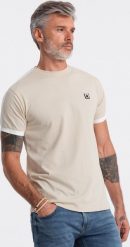 Ombre T-shirt męski bawełniany z kontrastującymi wstawkami - kremowy V7 S1632 XL. Białe t-shirty męskie Ombre, m, bez wzorów, z bawełny, bez kołnierzyka. Za 29.99 zł.