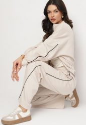 Jasnobeżowy Komplet Dresowy z Wiskozą w Stylu Retro Bluza i Szerokie Spodnie Lavriz. Brązowe bluzy damskie Born2be, bez wzorów, z dresówki, bez kaptura. Za 179.99 zł.