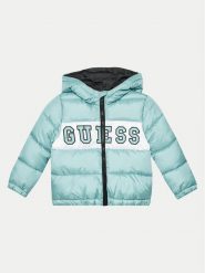 Guess Kurtka puchowa N4YL10 WGB60 Niebieski Regular Fit. Niebieskie kurtki i płaszcze dla chłopców Guess, z aplikacjami, z puchu, bez kaptura. Za 249.99 zł.
