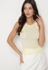 Żółty Top z Prążkowanego Materiału Ovilora. Żółte bluzki damskie Born2be, uniwersalny, bez wzorów, z jeansu, bez kołnierzyka, bez ramiączek. Za 49.99 zł.
